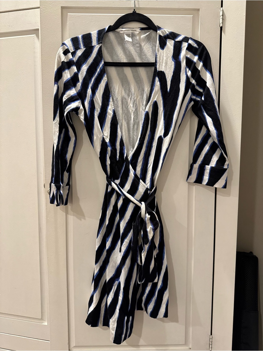 Diane Von Furstenberg Black, White & Navy Zebra-Stripe Wrap Dress